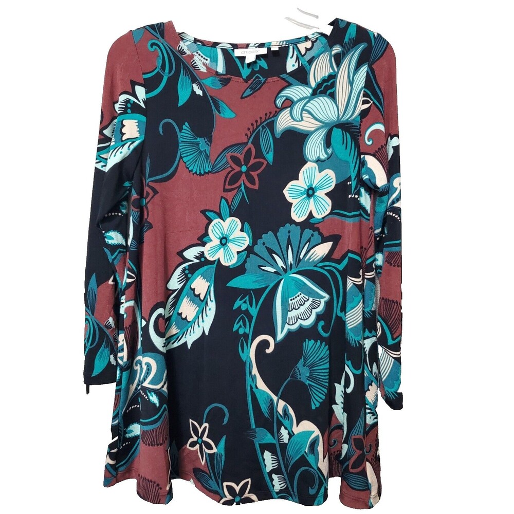 Chico's Travelers Whimsical Folklore Print Boat Neck Zip-Sleeve Tunic Sz 0 Small
